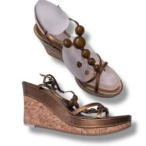 Antonio Melani Jaden Bronze Metallic Wedge Sandals Beaded Straps Women's Sz 9.5